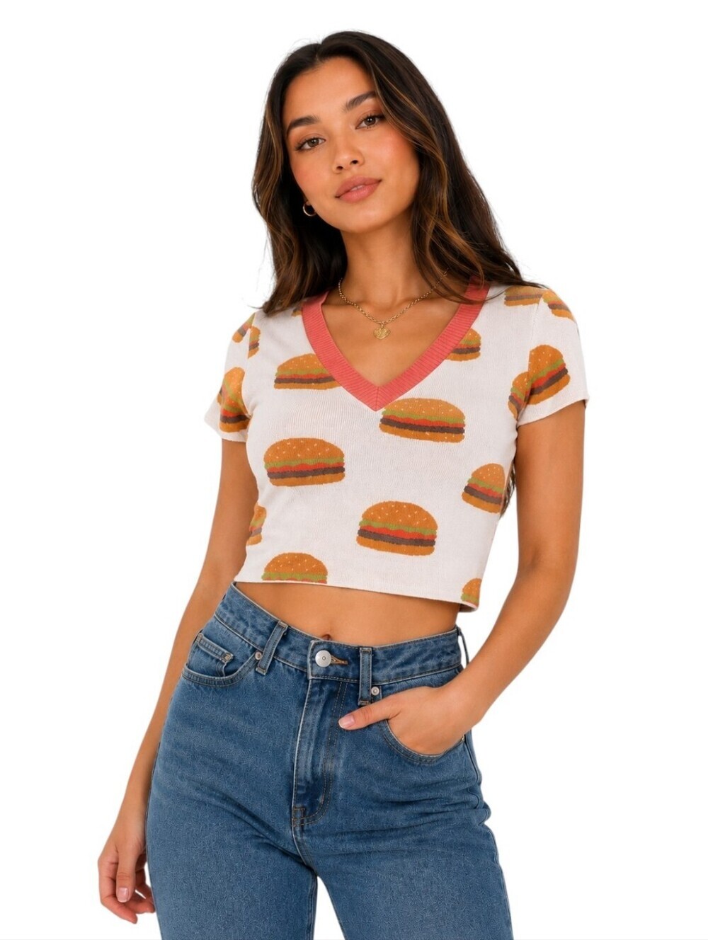 Y2K Hamburger Print Crop Top Made in USA Novelty Burger Knit Tee M/L